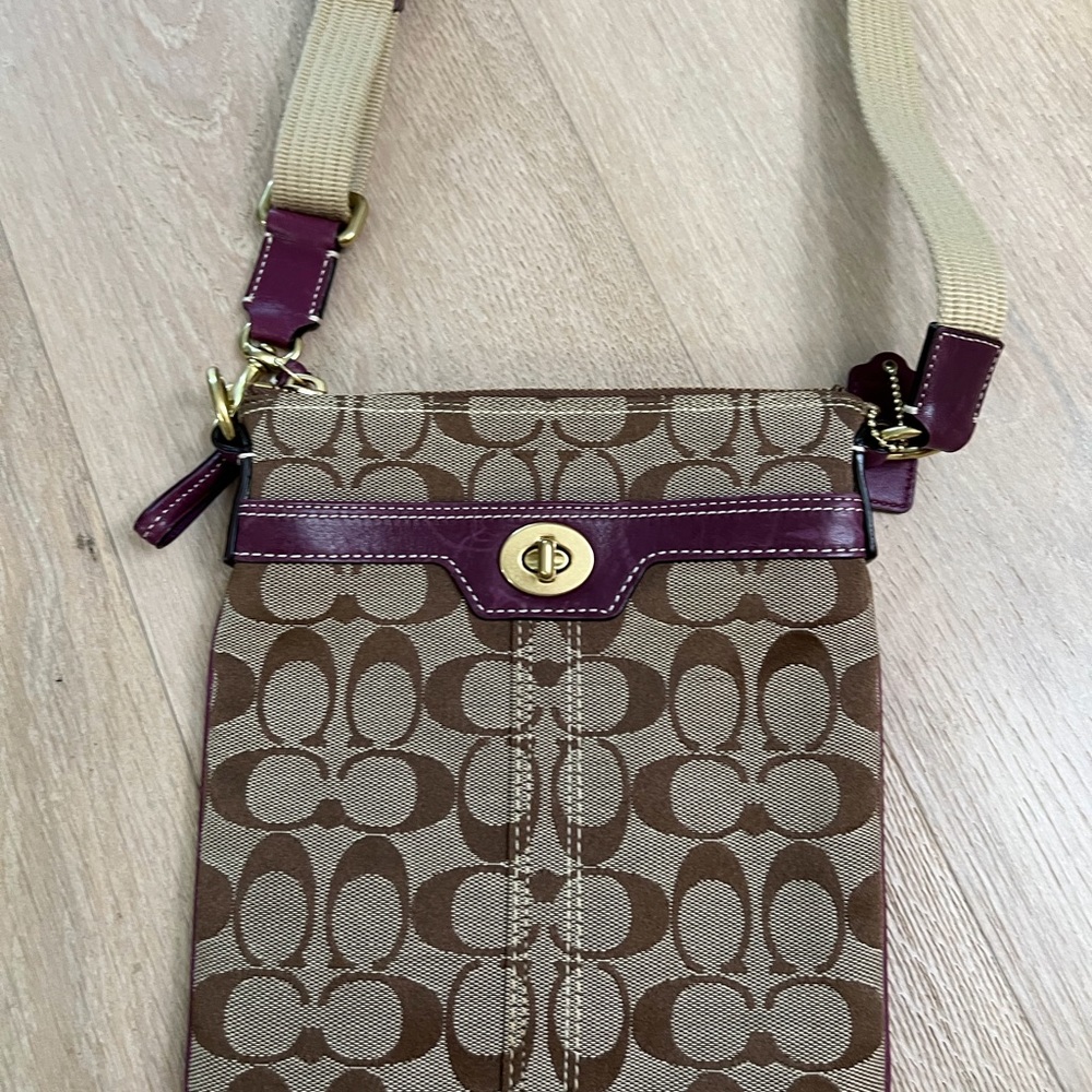 Coach Brown Signature Canvas Crossbody with Plum Trim